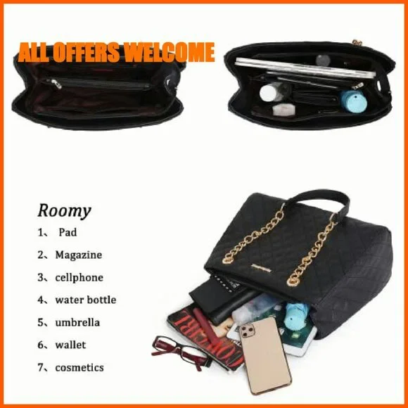 Quilted Medium Tote Bag with Chain Strap, Multiple Compartments - Picture 5 of 8